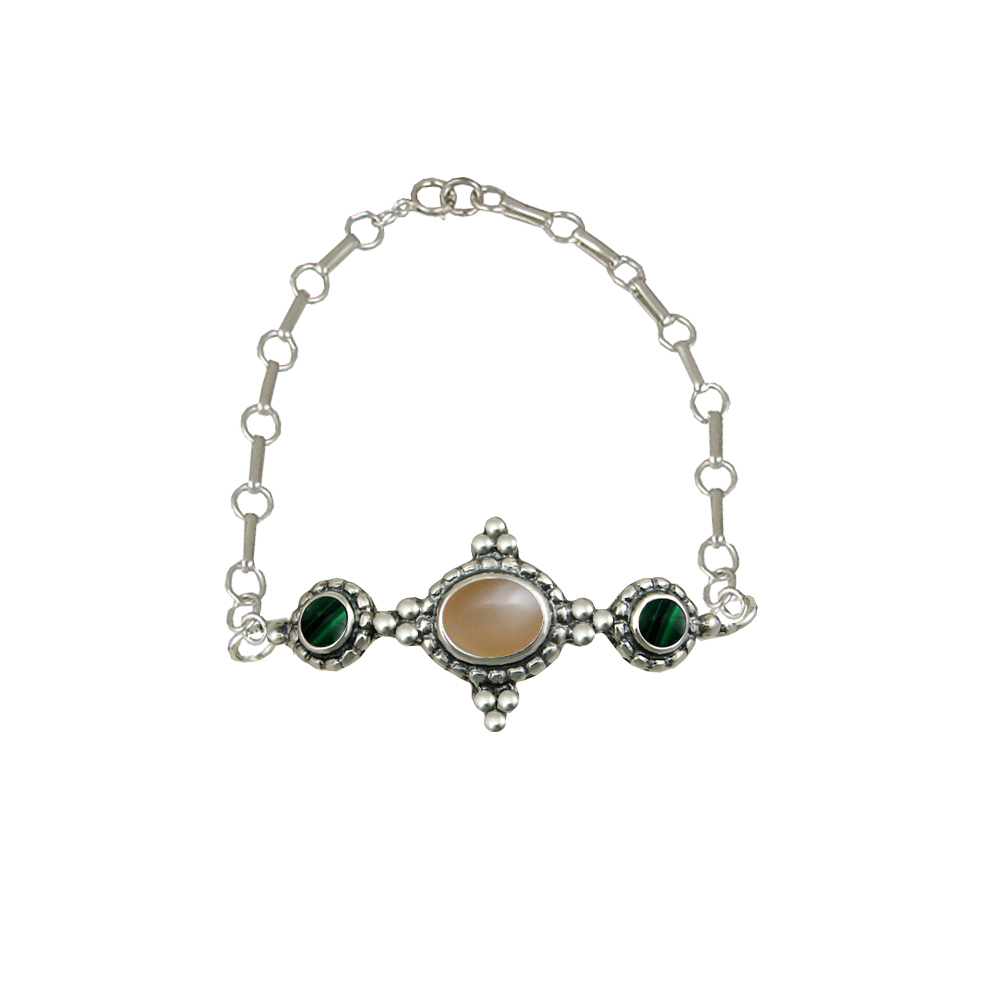 Sterling Silver Gemstone Adjustable Chain Bracelet With Peach Moonstone And Malachite